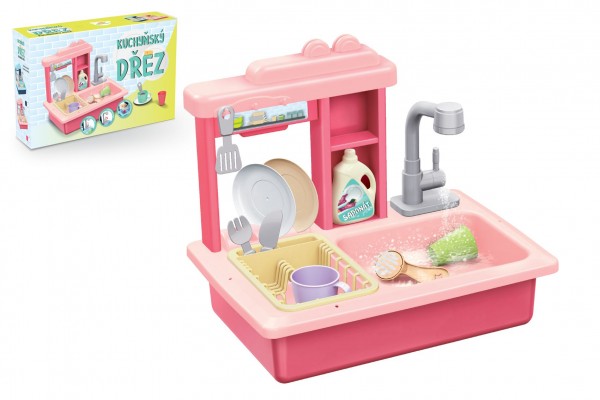 Dřez na mytí nádobí růžový + kohoutek na vodu na baterie plast s doplňky v krabici 46x28x12cm