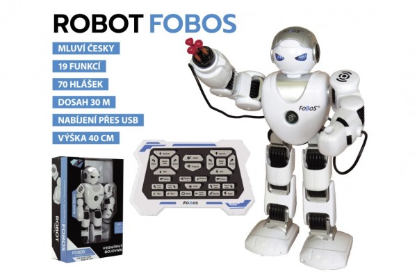  Robot RC FOBOS plast interaktivní chodící 40cm česky mluvící na baterie s USB v krabici 31x45x13cm