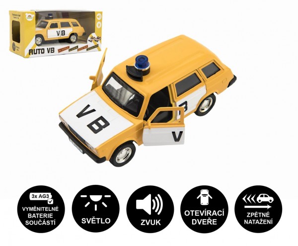  Policejní auto VB combi kov/plast 11,5cm na zpětné natažení na baterie se zvukem v krabičce 15x7x7cm