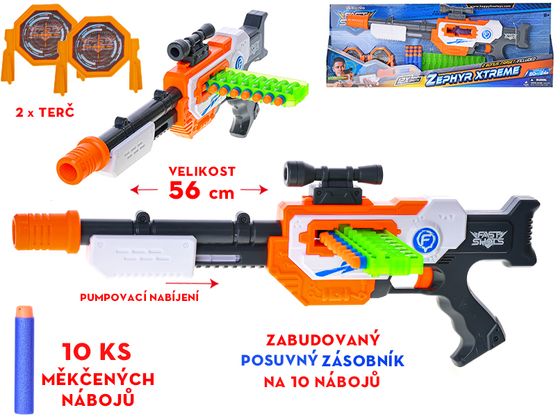 Pistole 56cm se zásobníkem pěnových nábojů 12ks + 2 terče 8+ v krabičce