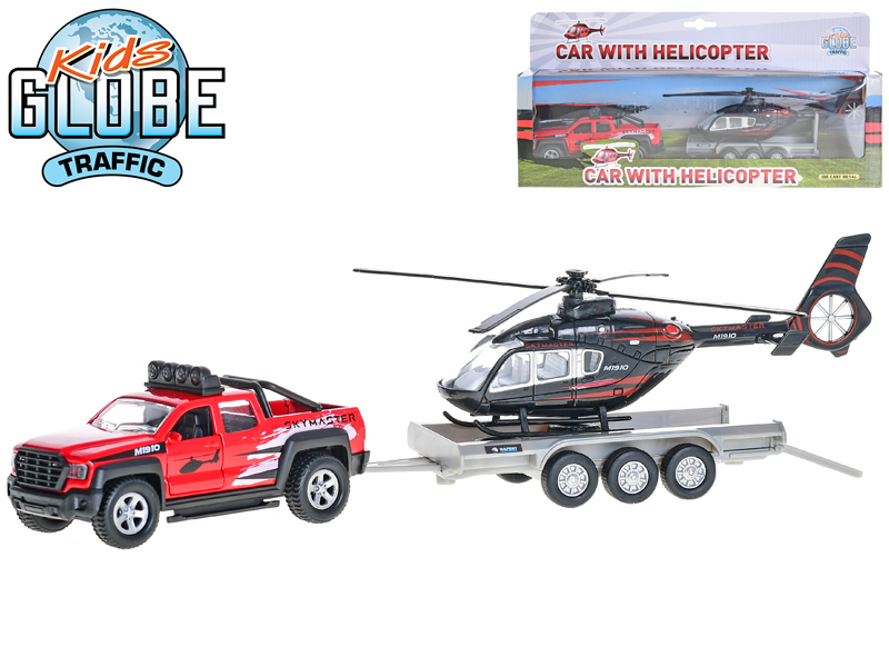 Globe Traffic auto terénní 13cm kov na zpětný chod s přívěsem + helikoptéra 20cm v krabičce