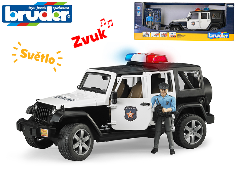 Bruder policie Jeep Wrangler 32cm volný chod na baterie se světlem,zvukem s policistou 4+ v krabičce