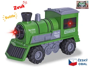  Lokomotiva zelená 22,5cm 1:16 na setrvačník na baterie se světlem a zvukem v krabičce