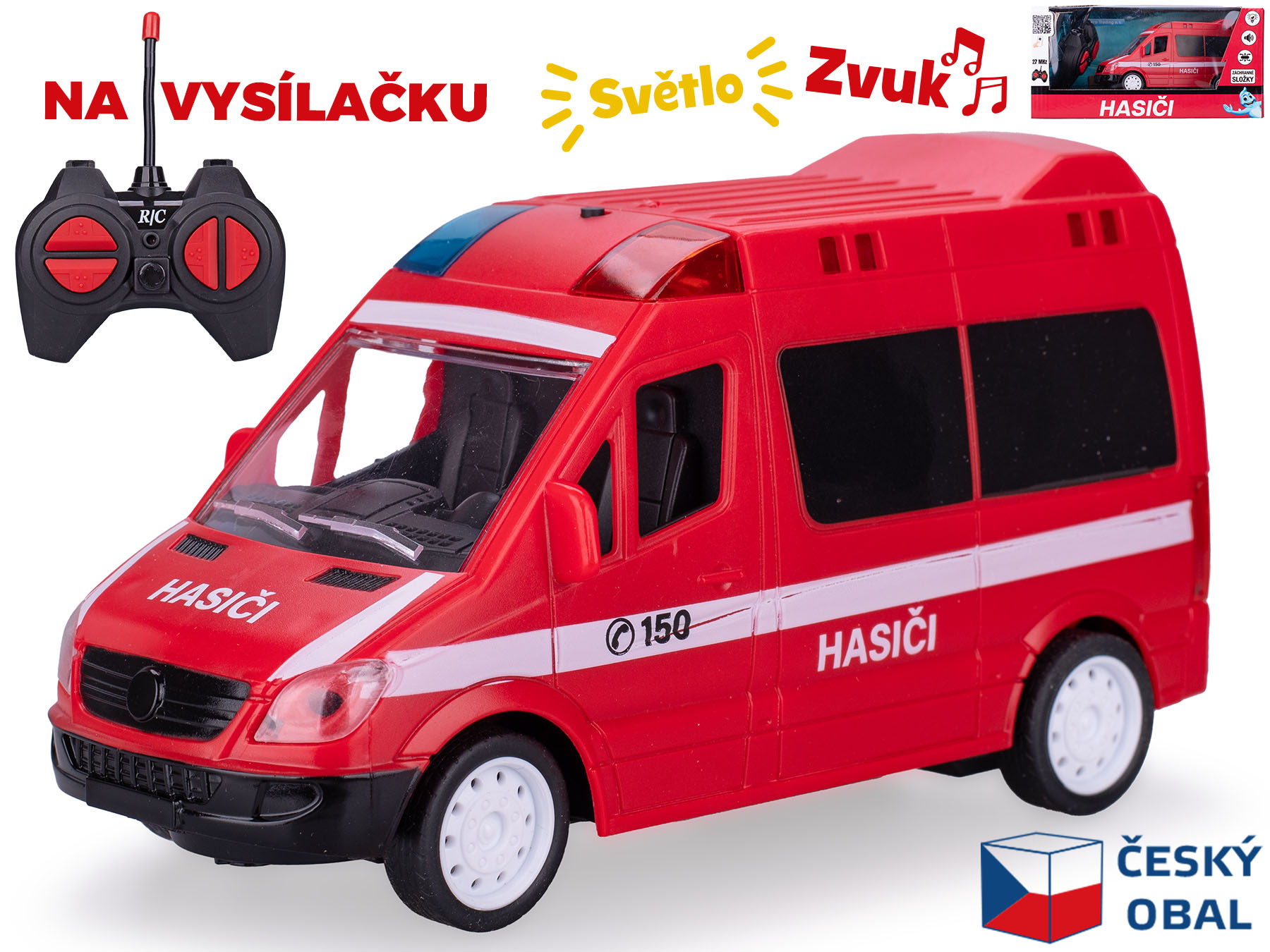  R/C auto hasiči CZ 17cm 27MHz plná funkce na baterie se světlem a zvukem v krabičce