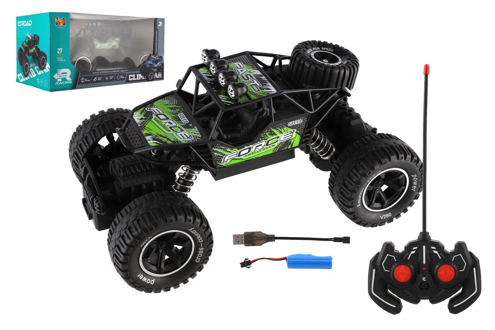 Auto RC Off-Road plast 26cm 27MHz dobíjecí pack+baterie se světlem zelené v krabici