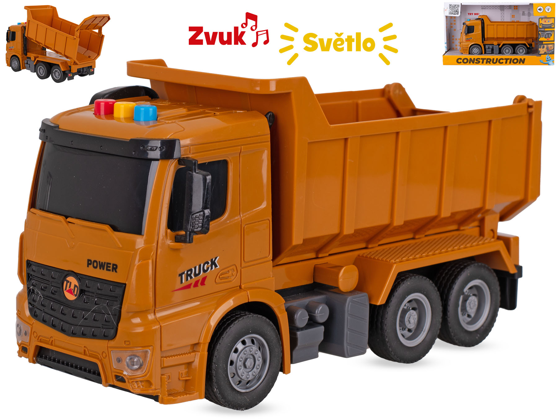 Auto stavební sklápěčka 26cm na setrvačník na baterie se světlem a zvukem v krabičce