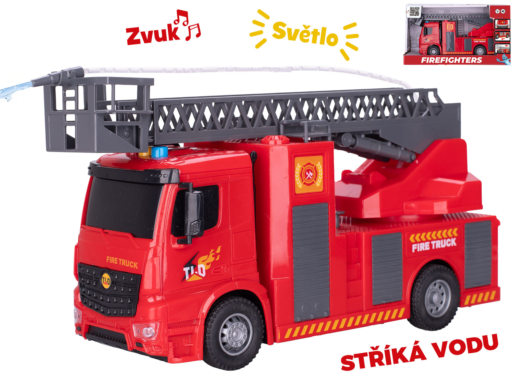 Auto hasiči 30cm stříkající vodu na setrvačník na baterie se světlem a zvukem v krabičce