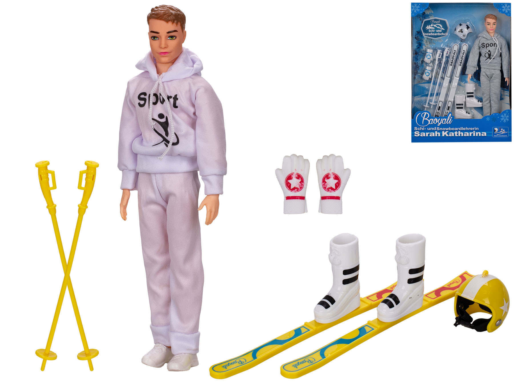 Panáček lyžař 29cm s doplňky 2barvy v krabičce