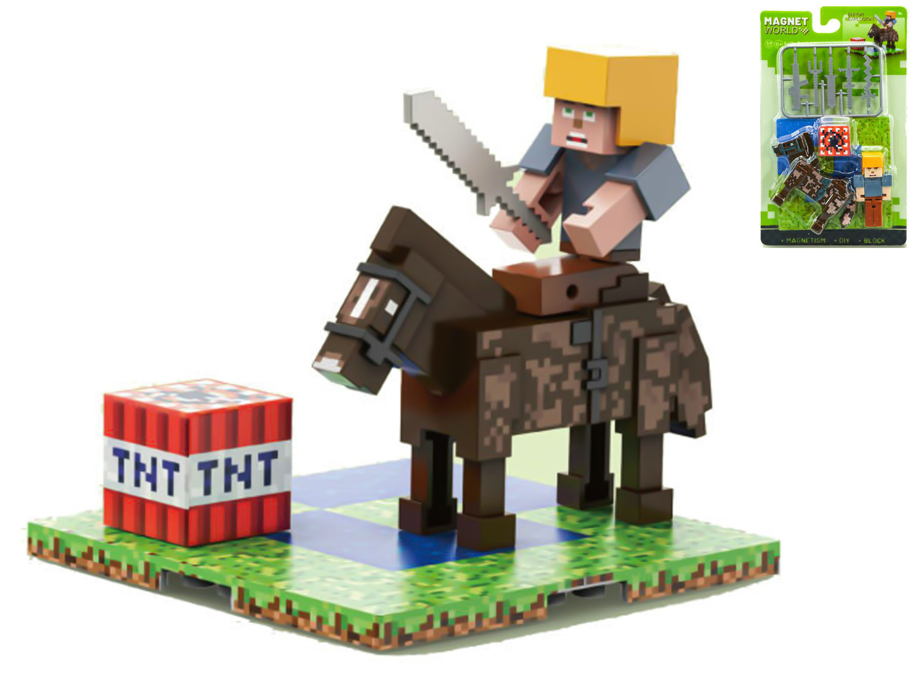 Stavebnice Magnet World bojovník 5cm s koněm a doplňky na kartě