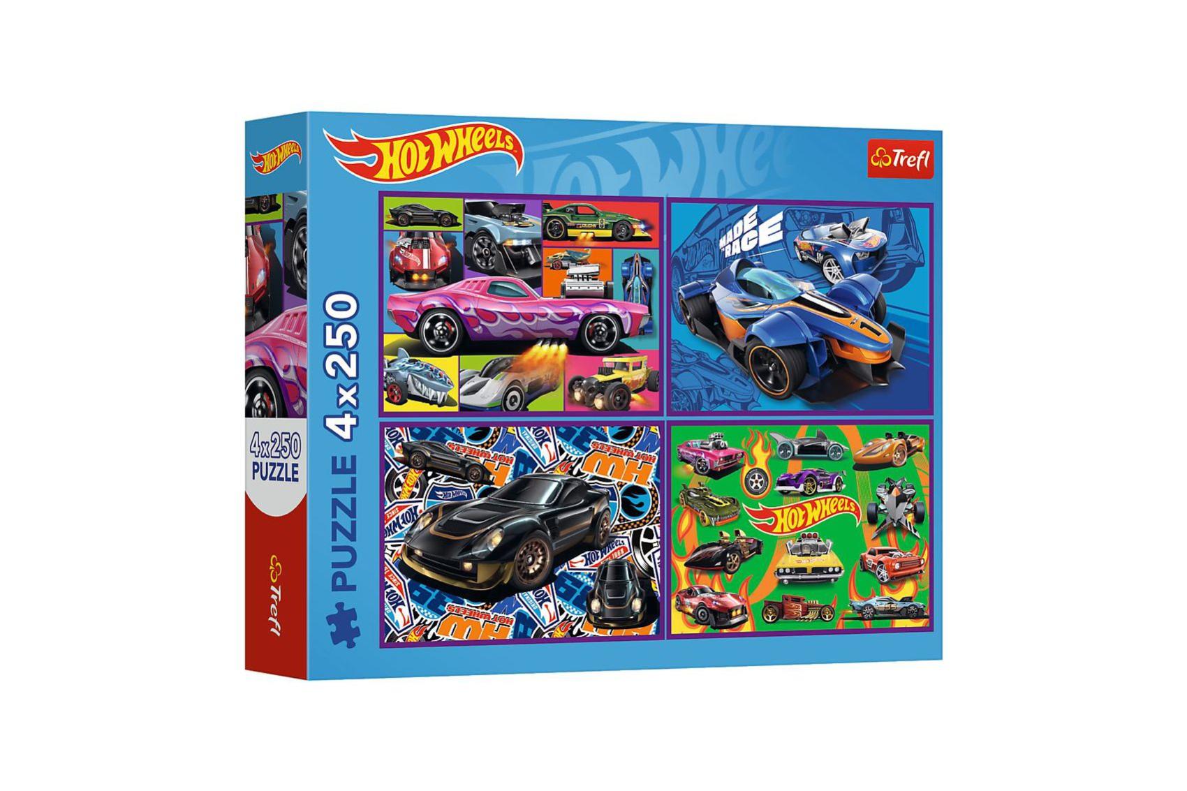 Puzzle 4v1 Závodní auta/Hot wheels 4x250 dílků 33,9x23,9cm v krabici 34x26x6cm