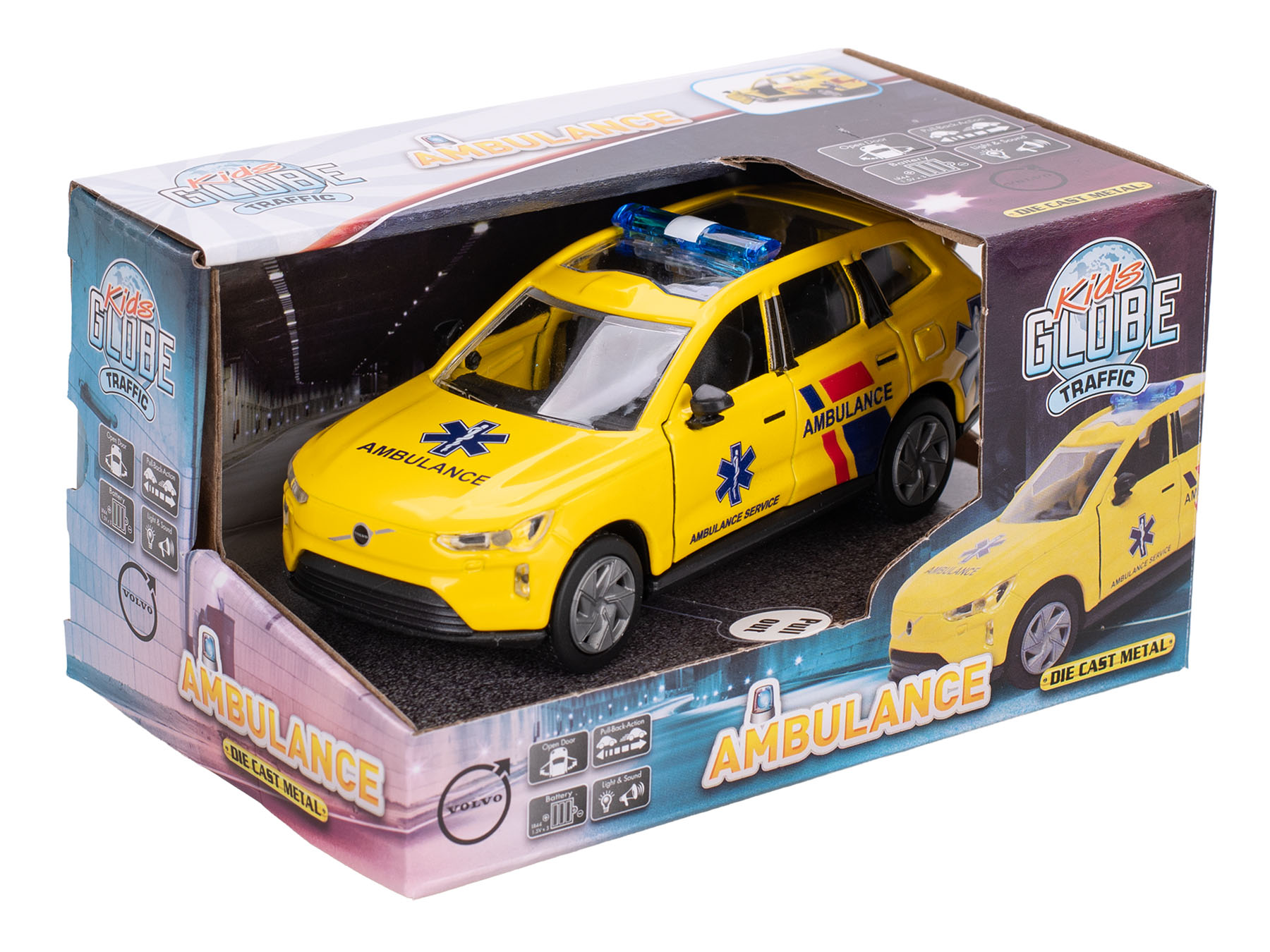 Kids Globe Traffic Volvo EX90 ambulance NL 14cm kov zpětný chod na baterie světlo, zvuk v krabičce