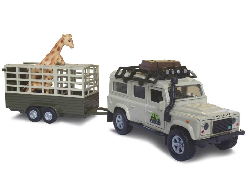 Land Rover Defender 14cm kov PB s prívesem 14cm a žirafou v krabicce 